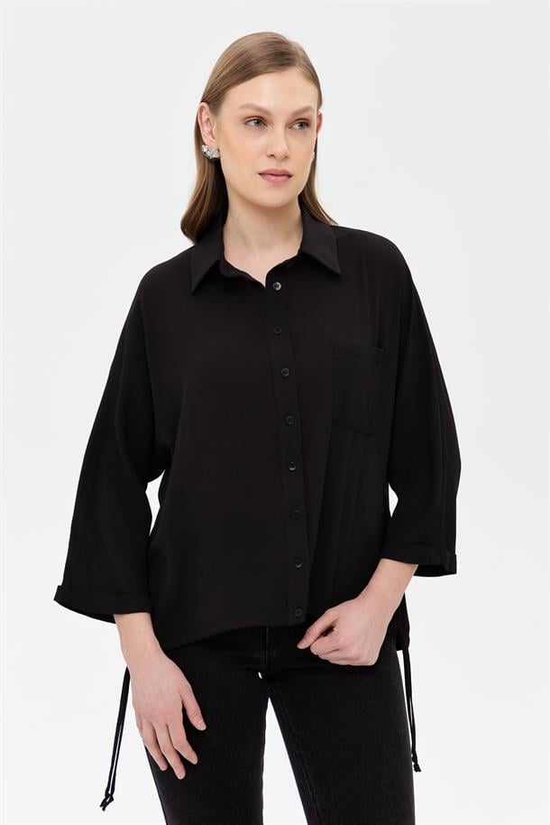 Etek Ucu Büzgülü Gömlek-SİYAH