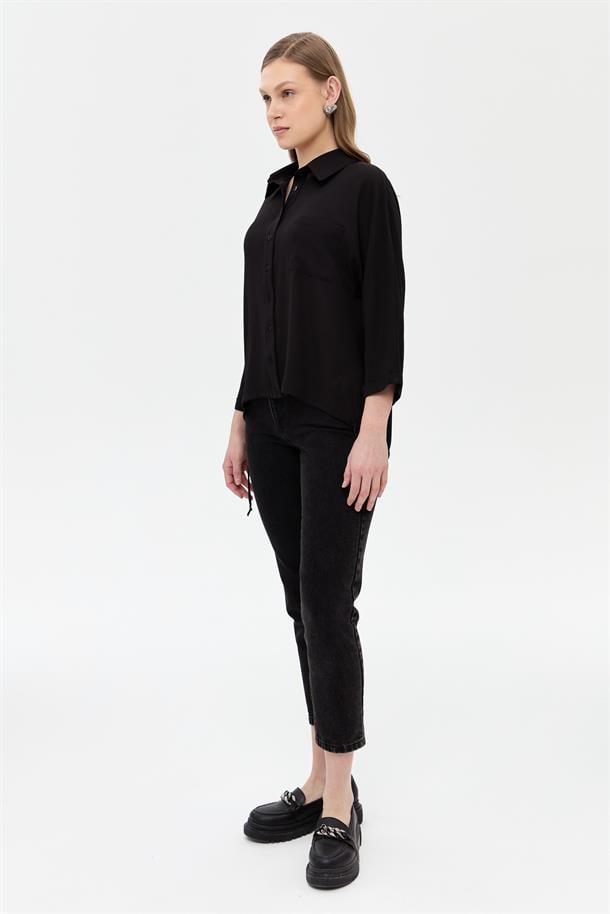 Etek Ucu Büzgülü Gömlek-SİYAH