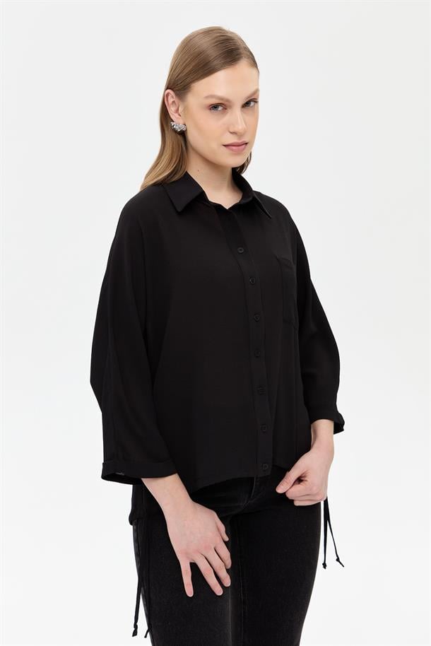 Etek Ucu Büzgülü Gömlek-SİYAH