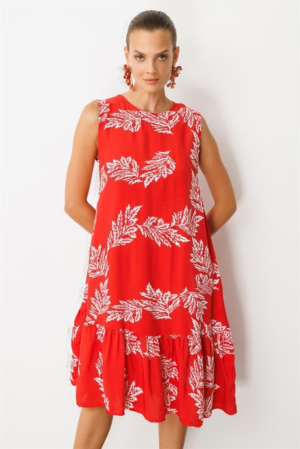 Etek Ucu Volanlı Desenli Elbise-KIRMIZI