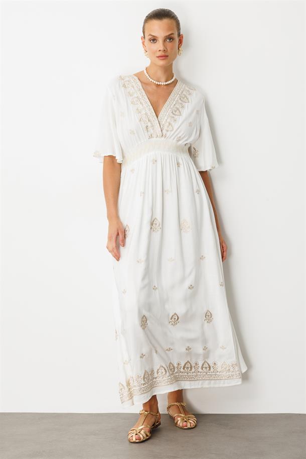 Etnik Desen İşlemeli Uzun Elbise-EKRU
