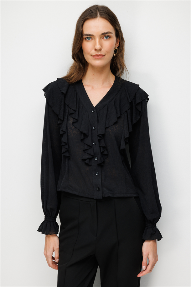 Farbela Detaylı Dantel Gömlek-SİYAH