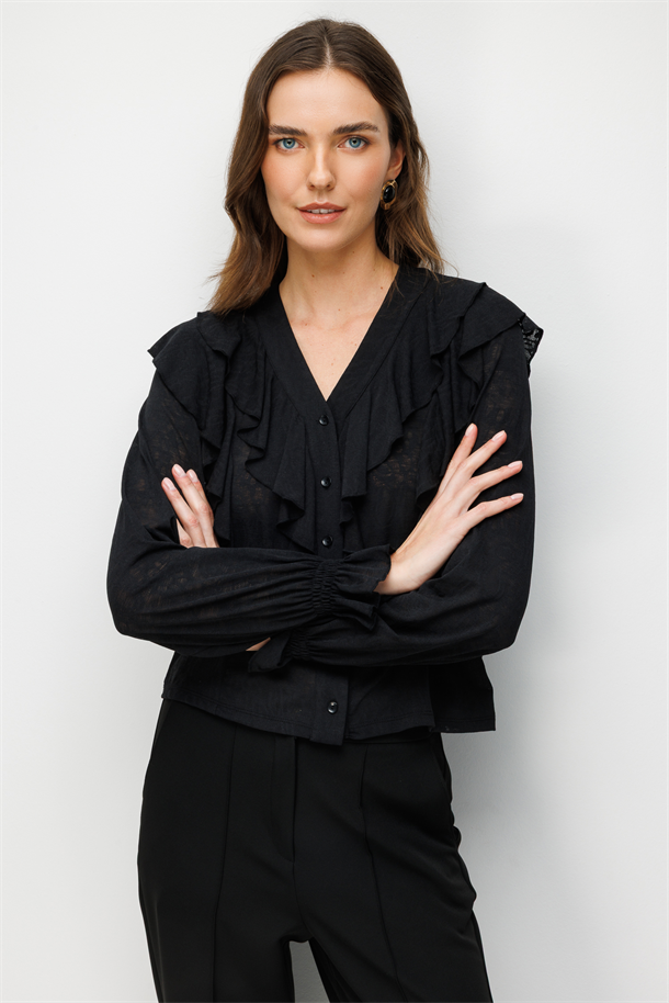 Farbela Detaylı Dantel Gömlek-SİYAH