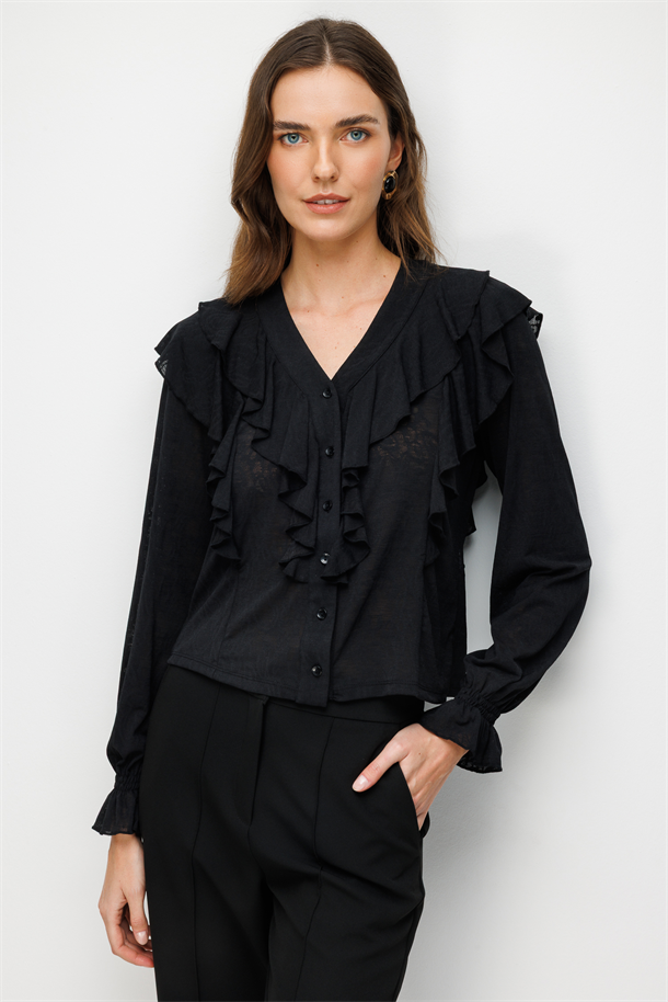 Farbela Detaylı Dantel Gömlek-SİYAH