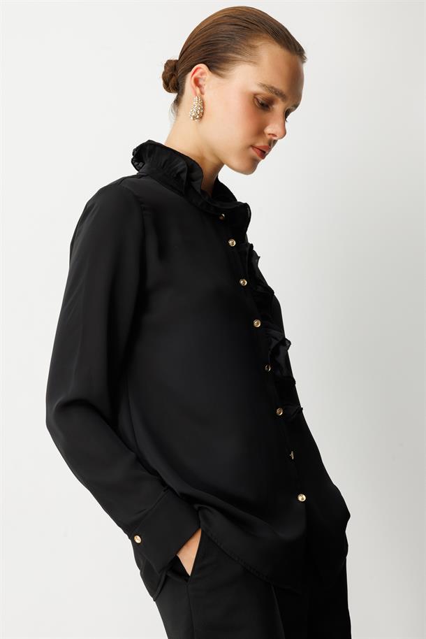 Farbela Detaylı Krep Gömlek-SİYAH