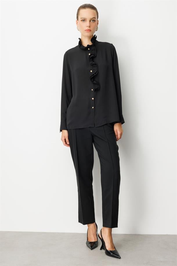 Farbela Detaylı Krep Gömlek-SİYAH