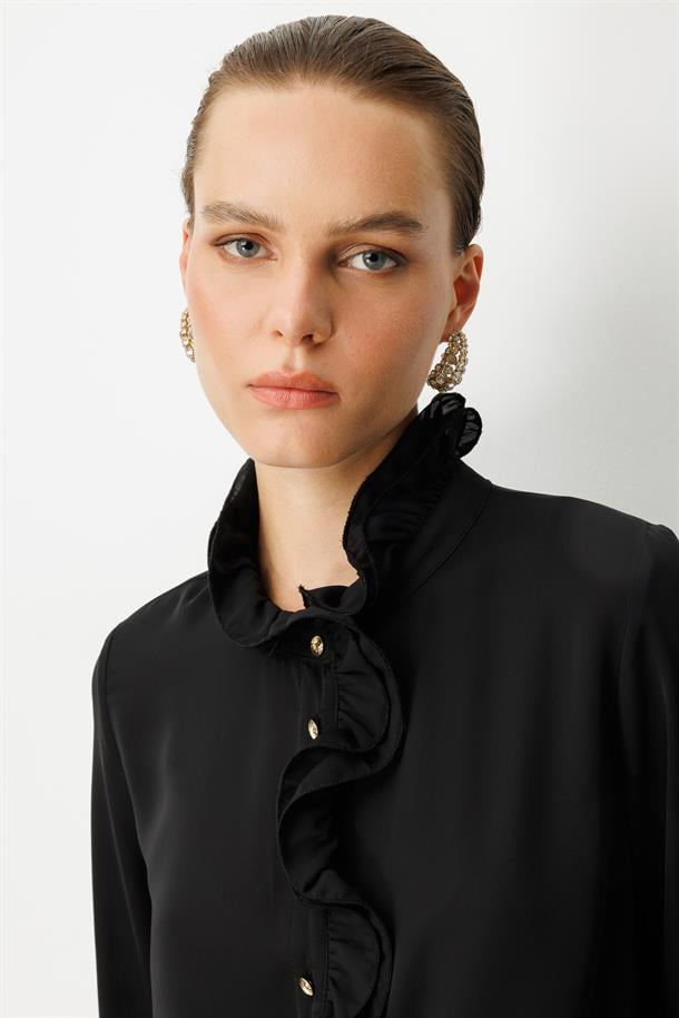 Farbela Detaylı Krep Gömlek-SİYAH