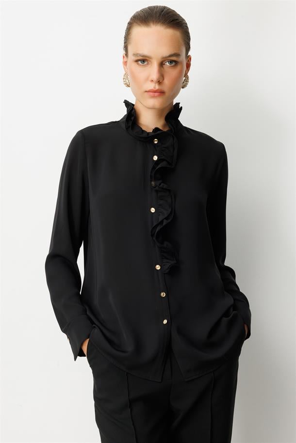 Farbela Detaylı Krep Gömlek-SİYAH