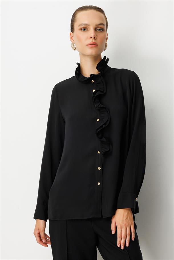 Farbela Detaylı Krep Gömlek-SİYAH