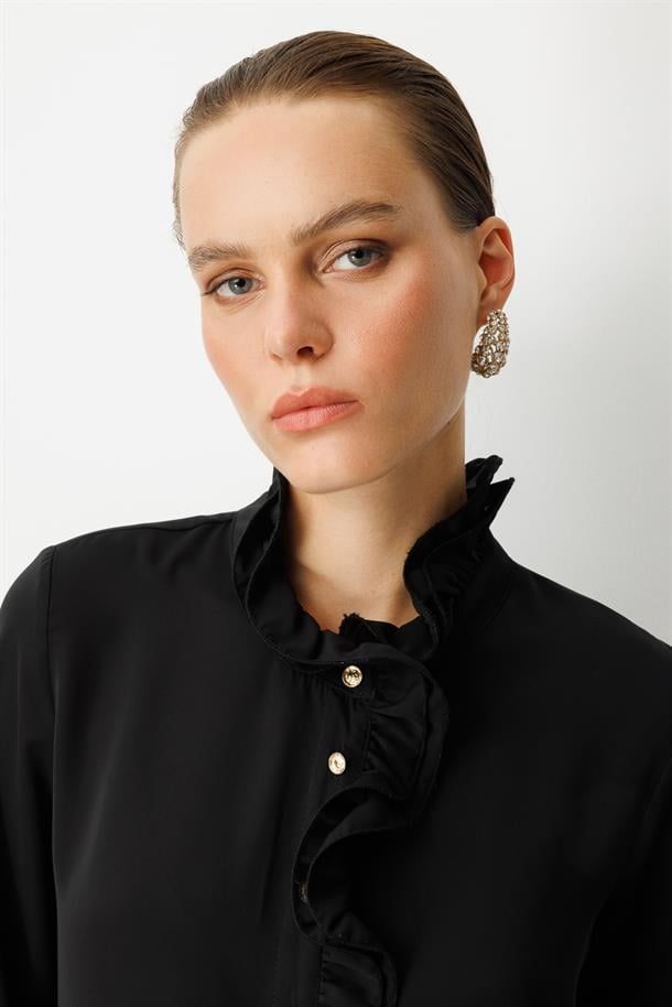 Farbela Detaylı Krep Gömlek-SİYAH