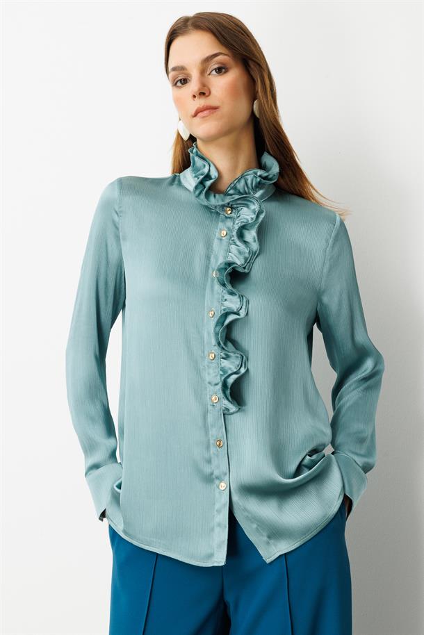 Farbela Detaylı Saten Gömlek-MINT