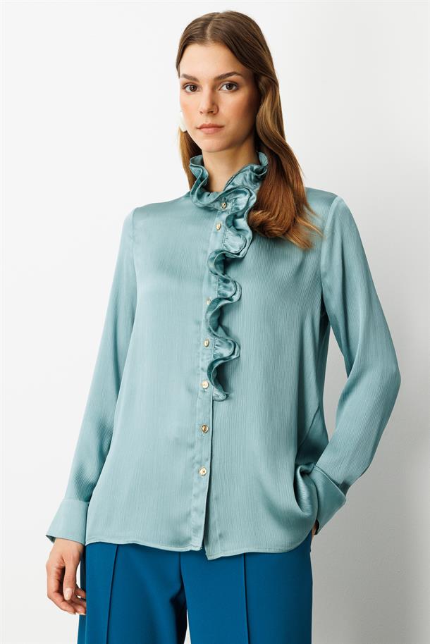 Farbela Detaylı Saten Gömlek-MINT