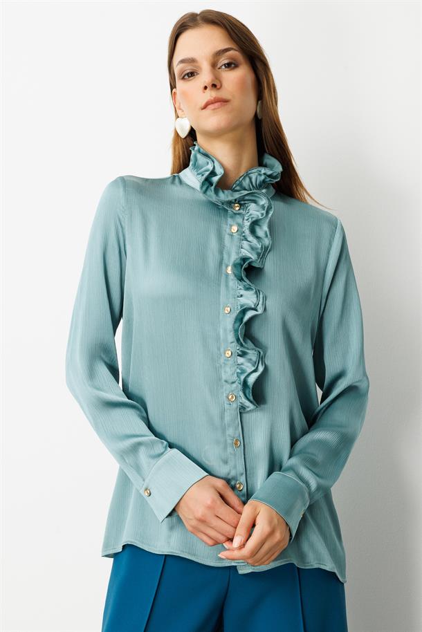 Farbela Detaylı Saten Gömlek-MINT