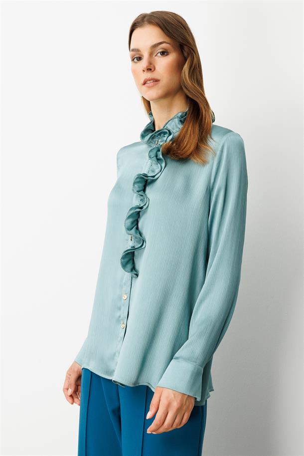Farbela Detaylı Saten Gömlek-MINT