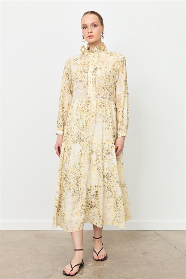 Farbela Detaylı Uzun Şifon Elbise-SARI
