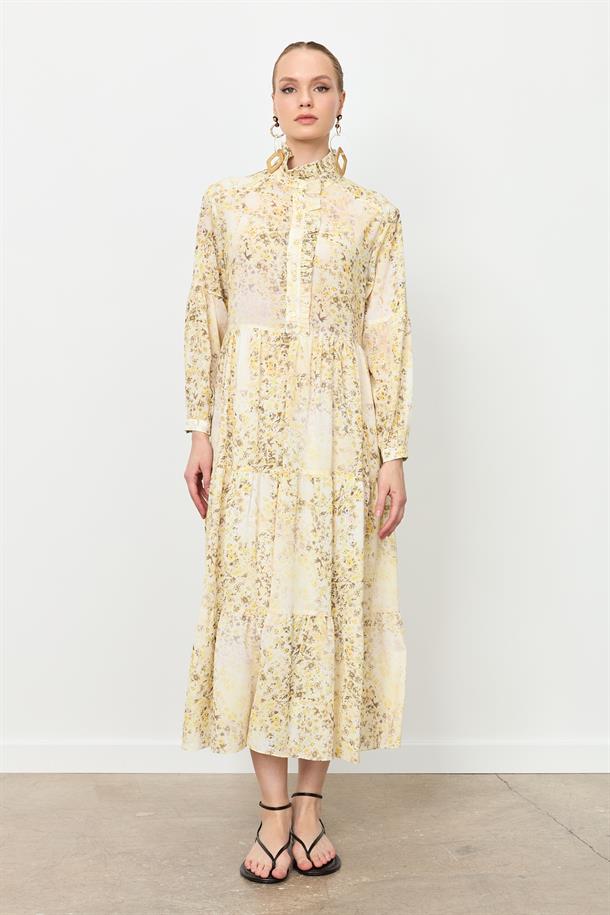 Farbela Detaylı Uzun Şifon Elbise-SARI