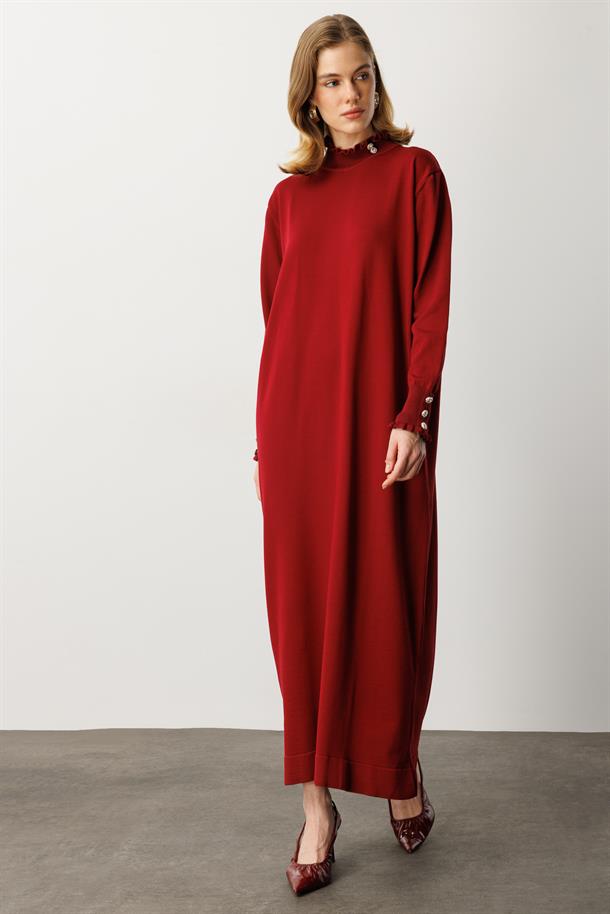 Farbela Detaylı Uzun Triko Elbise-BORDO