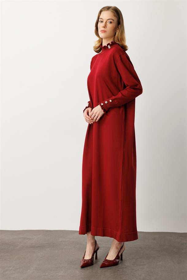 Farbela Detaylı Uzun Triko Elbise-BORDO