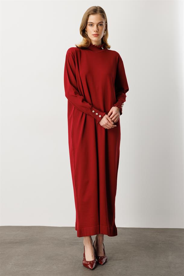 Farbela Detaylı Uzun Triko Elbise-BORDO