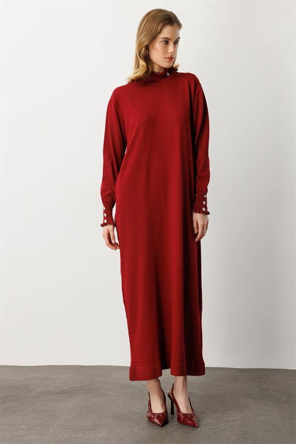 Farbela Detaylı Uzun Triko Elbise-BORDO
