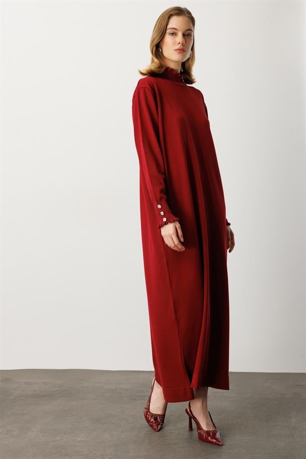 Farbela Detaylı Uzun Triko Elbise-BORDO
