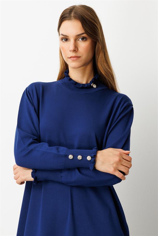 Farbela Detaylı Uzun Triko Elbise-SAX