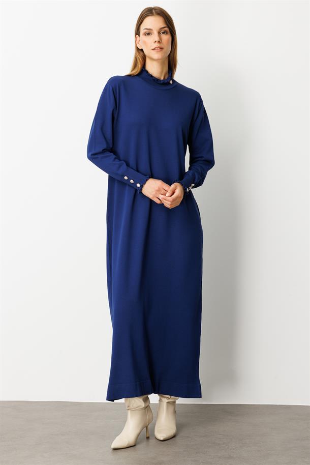 Farbela Detaylı Uzun Triko Elbise-SAX