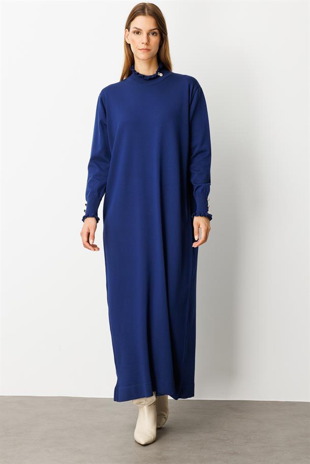 Farbela Detaylı Uzun Triko Elbise-SAX