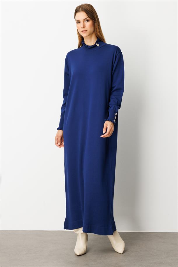 Farbela Detaylı Uzun Triko Elbise-SAX