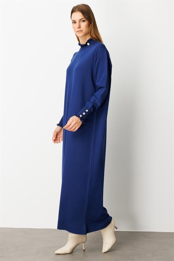 Farbela Detaylı Uzun Triko Elbise-SAX