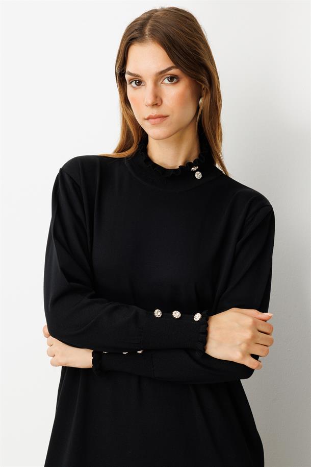 Farbela Detaylı Uzun Triko Elbise-SİYAH