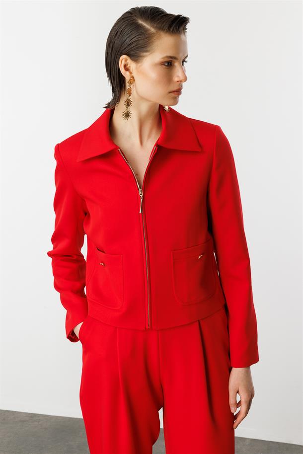 Fermuar Detaylı Kısa Ceket-KIRMIZI