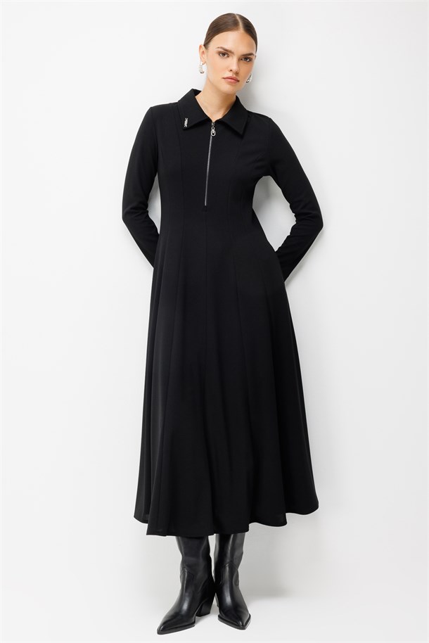 Fermuar Yaka Scuba Krep Elbise-SİYAH
