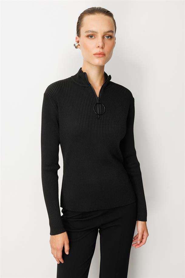 Fermuar Yaka Yarım Balıkçı Triko Kazak-SİYAH