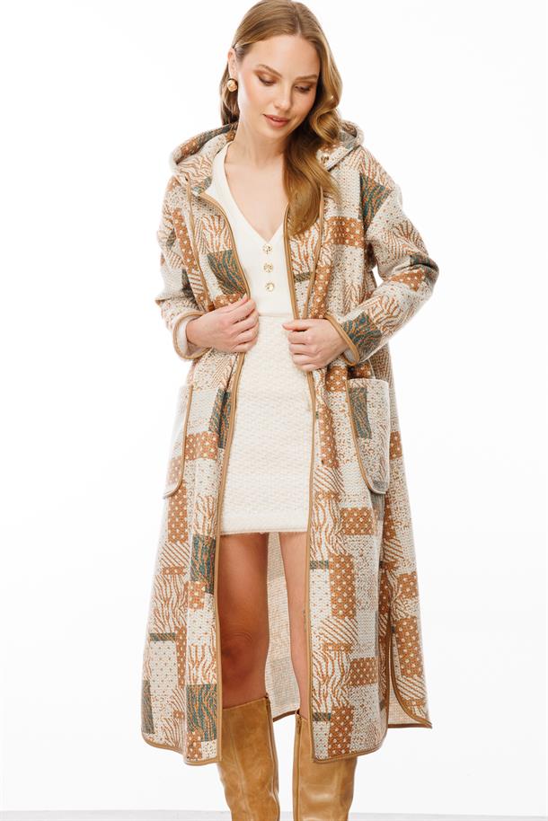 Fermuarlı Kapüşon Detay Uzun Kaban-CAMEL