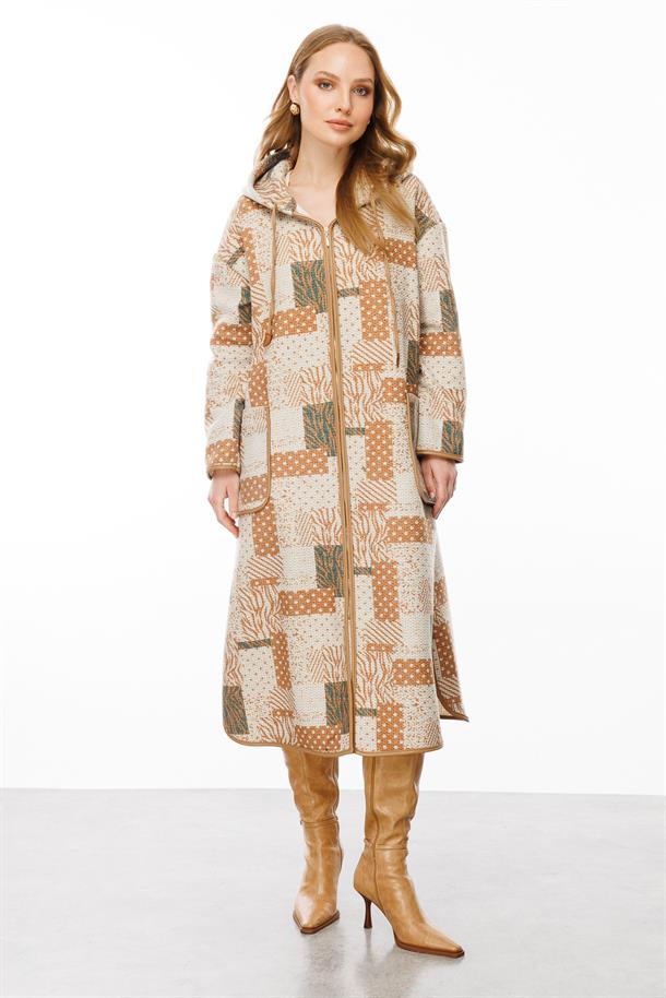 Fermuarlı Kapüşon Detay Uzun Kaban-CAMEL