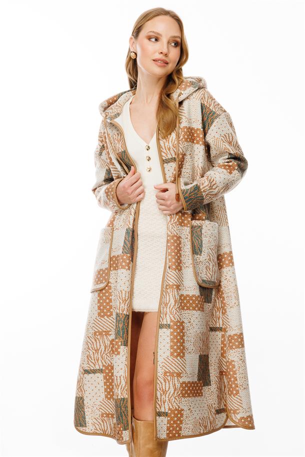 Fermuarlı Kapüşon Detay Uzun Kaban-CAMEL