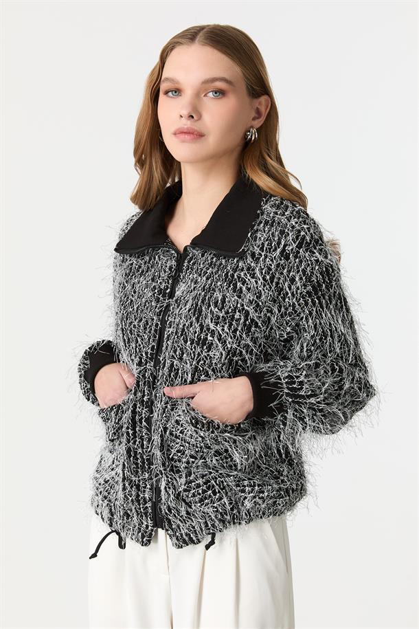 Fermuarlı Örme Bluz-SİYAH/BEYAZ