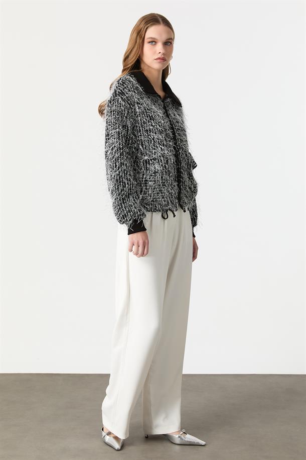 Fermuarlı Örme Bluz-SİYAH/BEYAZ