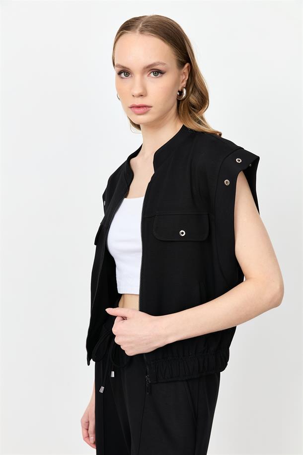 Fermuarlı Penye Yelek-SİYAH