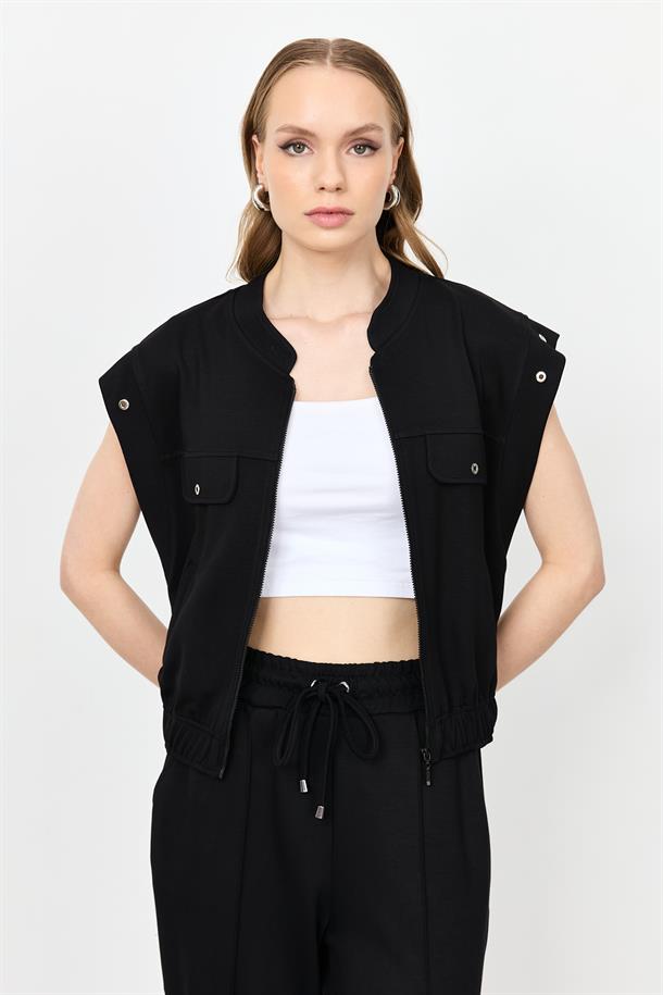 Fermuarlı Penye Yelek-SİYAH