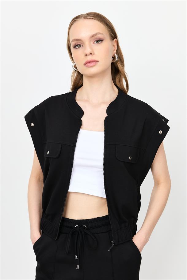 Fermuarlı Penye Yelek-SİYAH