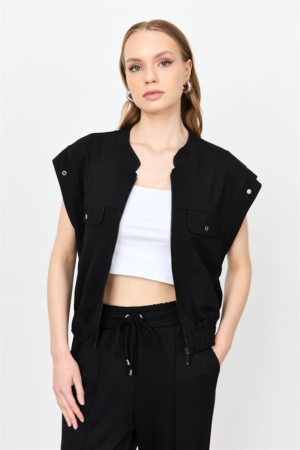 Fermuarlı Penye Yelek-SİYAH