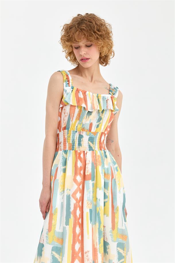 Fırfır Detaylı Desenli Elbise-ORANJE