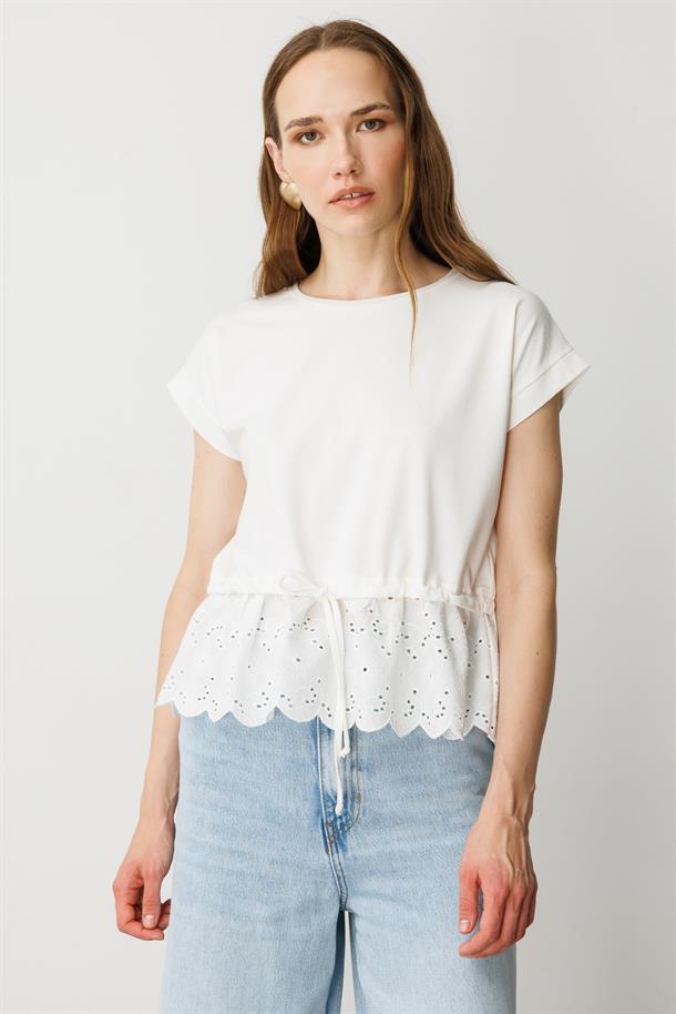 Fisto Detay Pamuklu Penye Tişört-KEMIK