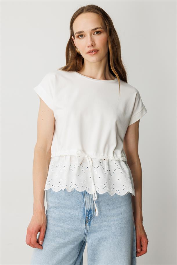 Fisto Detay Pamuklu Penye Tişört-KEMIK