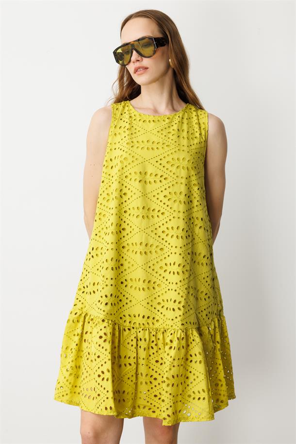 Fisto Görünüm Pamuklu Elbise-HARDAL