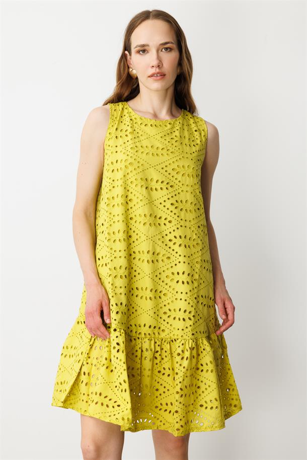 Fisto Görünüm Pamuklu Elbise-HARDAL