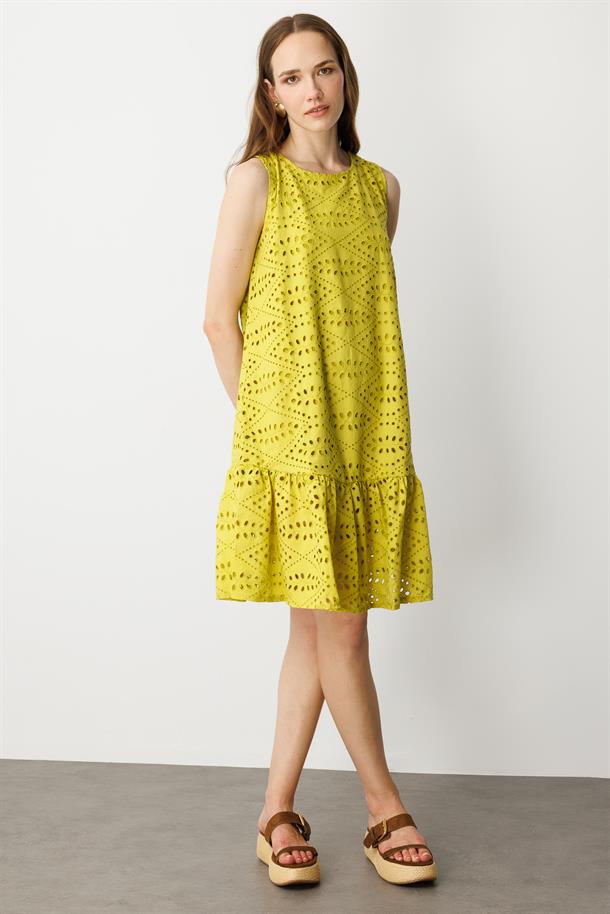 Fisto Görünüm Pamuklu Elbise-HARDAL