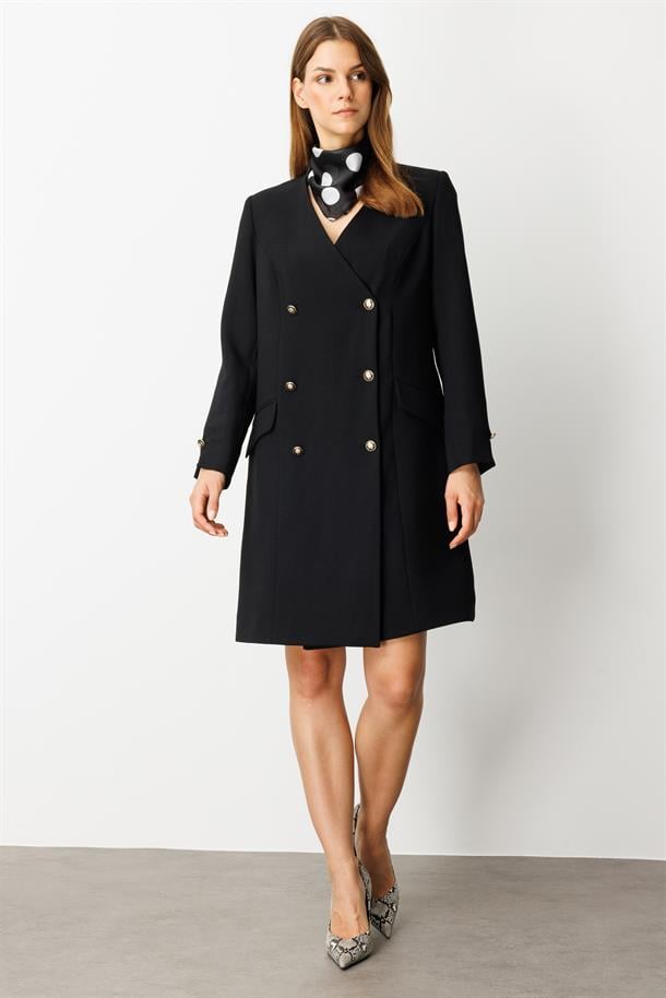 Fular Detaylı Kruvaze Ceket Elbise-SİYAH